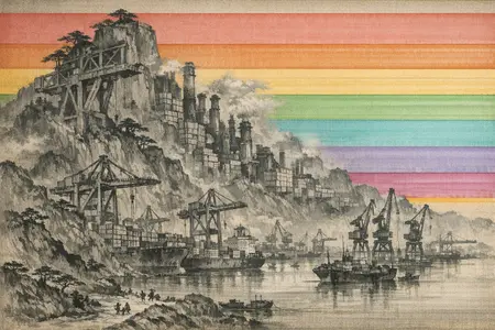 Harbour of the Immortals, Ablaze — Song dynasty ink landscape × heavy industry