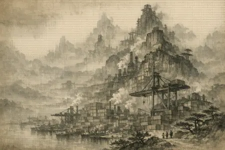 Mist With Too Many Distances — Song dynasty ink landscape × heavy industry
