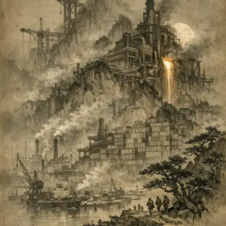 Night Furnace Moon — Song dynasty ink landscape × heavy industry