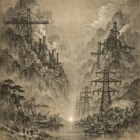 Pylons Going Inward — Song dynasty ink landscape × heavy industry