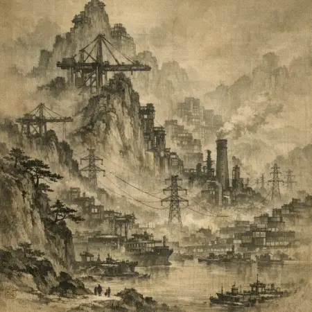 Pylons in Mist — Song dynasty ink landscape × heavy industry