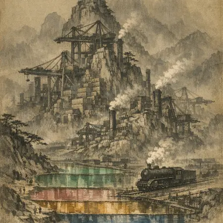 Railyard Terraces, Flooded — Song dynasty ink landscape × heavy industry