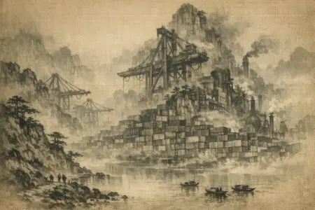 Ten Thousand Containers — Song dynasty ink landscape × heavy industry