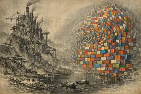 Ten Thousand Containers, Lit — Song dynasty ink landscape × heavy industry