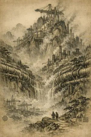 The Breathing Pipe Ravine — Song dynasty ink landscape × heavy industry