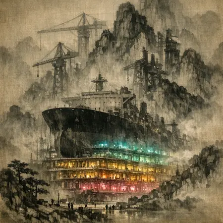The Electric Gorge — Song dynasty ink landscape × heavy industry