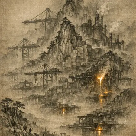 The Furnace Moon Doubles — Song dynasty ink landscape × heavy industry
