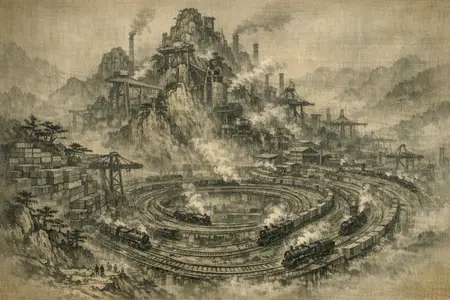 The Yard That Repeats — Song dynasty ink landscape × heavy industry