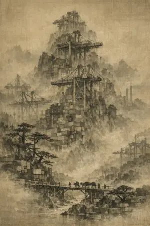 Travellers Among Cranes — Song dynasty ink landscape × heavy industry