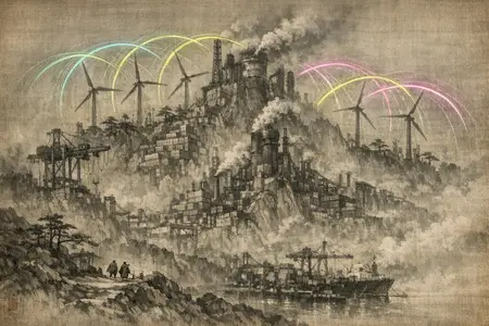 Turbine Ridge Aurora — Song dynasty ink landscape × heavy industry