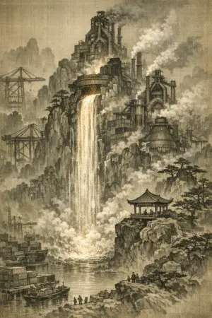 Waterfall of Slag — Song dynasty ink landscape × heavy industry