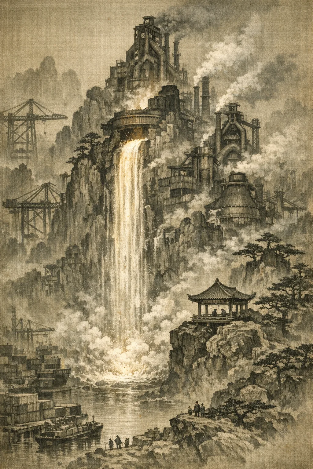 Waterfall of Slag — Song dynasty ink landscape × heavy industry