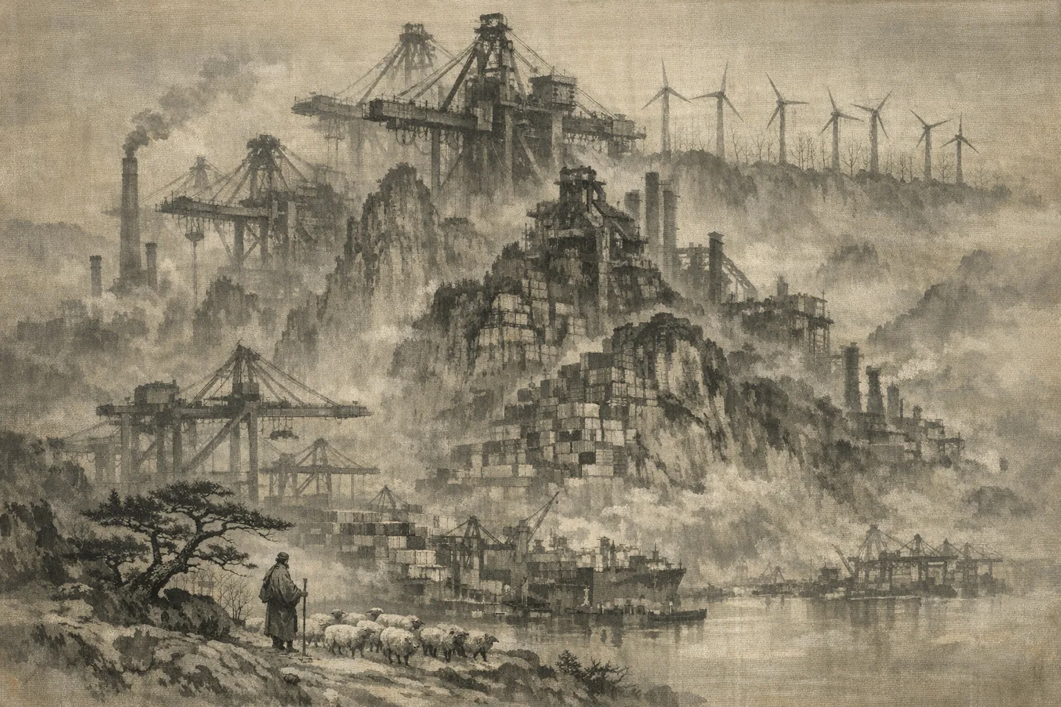 Wind Among the Turbines — Song dynasty ink landscape × heavy industry