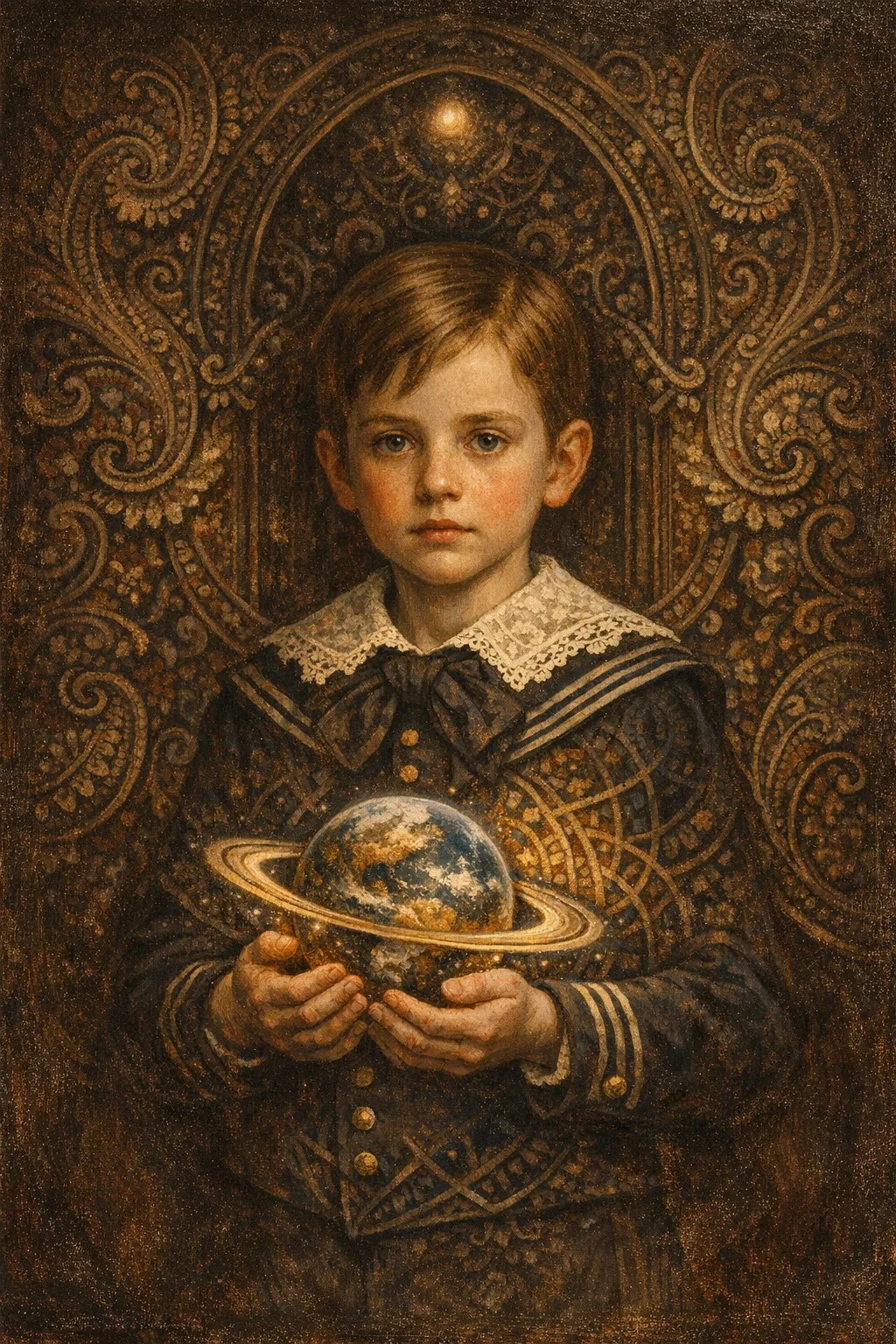 Child With Planet — Victorian salon portraiture × occult psychedelia