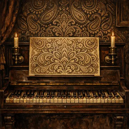 The Piano That Watches — Victorian salon portraiture × occult psychedelia