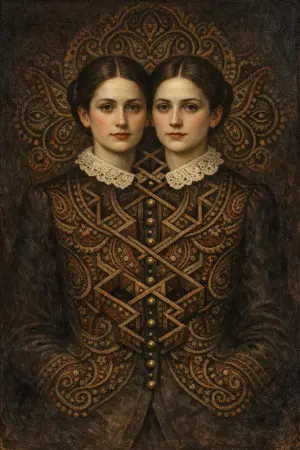 Twins in One Coat — Victorian salon portraiture × occult psychedelia