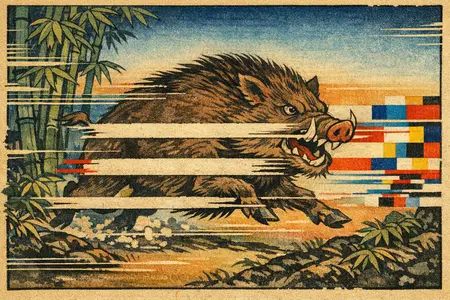Boar in the Snow Bands — Japanese ukiyo-e woodblock × broken CRT transmission