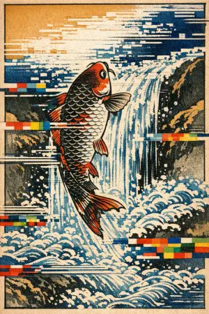 Carp of Scanlines — Japanese ukiyo-e woodblock × broken CRT transmission