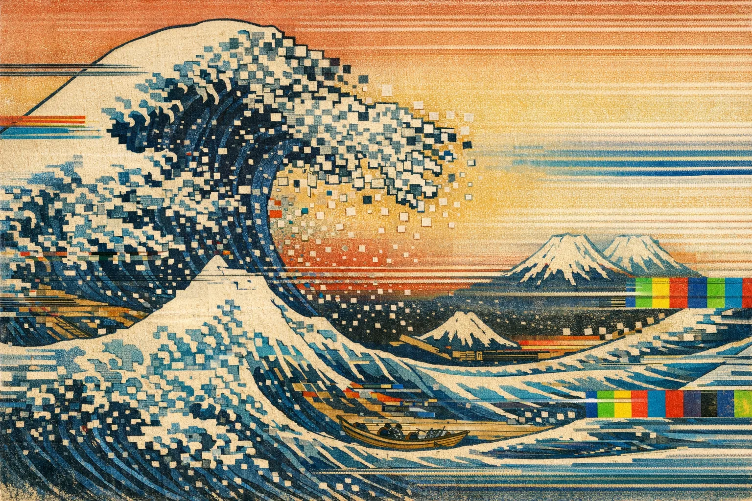 Great Wave of Signal — Japanese ukiyo-e woodblock × broken CRT transmission