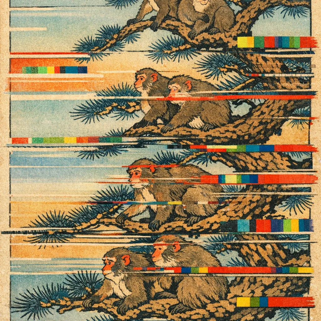 Monkeys and the Vertical Hold — Japanese ukiyo-e woodblock × broken CRT transmission