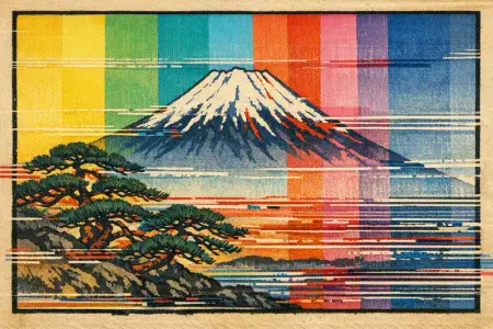 Fuji Test Card — Japanese ukiyo-e woodblock × broken CRT transmission