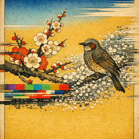 Plum Branch Static — Japanese ukiyo-e woodblock × broken CRT transmission