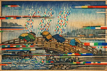 Rain of Pixels — Japanese ukiyo-e woodblock × broken CRT transmission