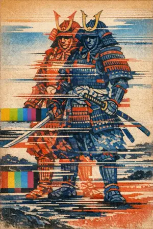 Samurai, Doubled — Japanese ukiyo-e woodblock × broken CRT transmission