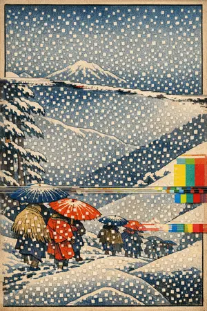 Snow on the Broken Line — Japanese ukiyo-e woodblock × broken CRT transmission