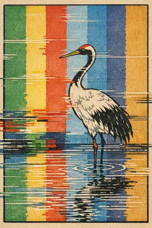 Crane and Colour Bars — Japanese ukiyo-e woodblock × broken CRT transmission