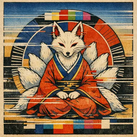 The Fox Test Pattern — Japanese ukiyo-e woodblock × broken CRT transmission