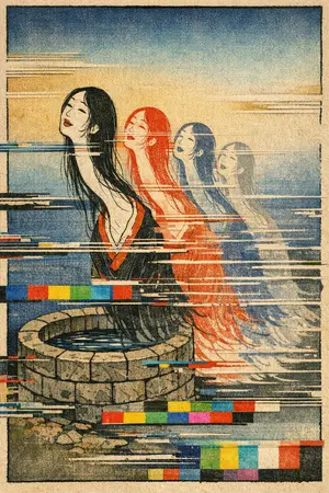 The Ghost of the Signal — Japanese ukiyo-e woodblock × broken CRT transmission