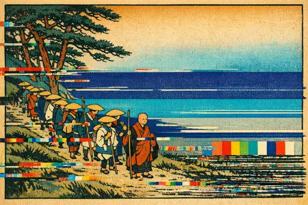 The Pilgrim Road — Japanese ukiyo-e woodblock × broken CRT transmission