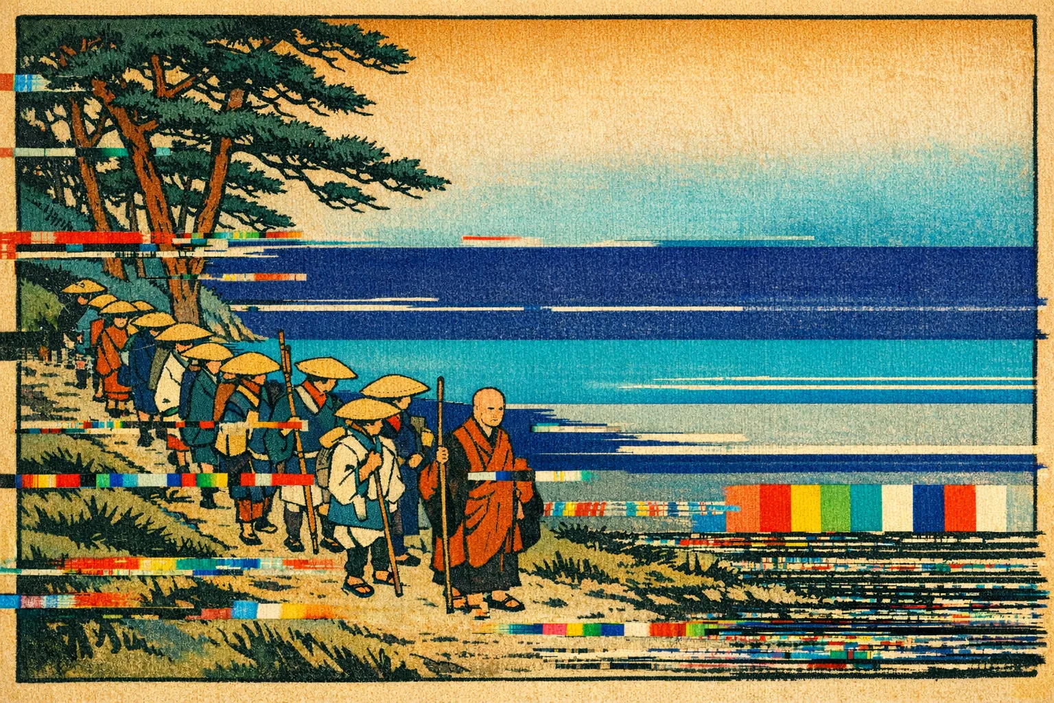The Pilgrim Road — Japanese ukiyo-e woodblock × broken CRT transmission