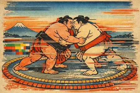 Wrestlers, Out of Register — Japanese ukiyo-e woodblock × broken CRT transmission