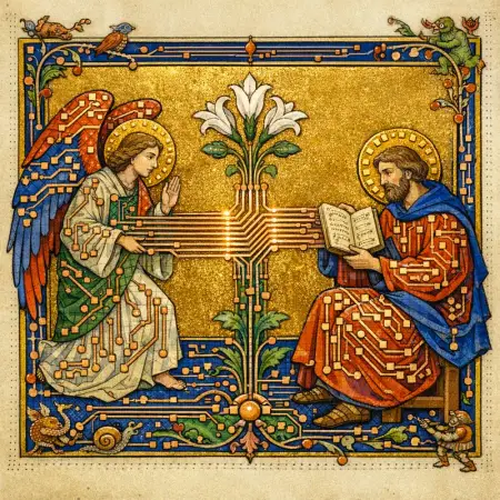 Annunciation Bus — Medieval illuminated manuscript × printed circuit boards