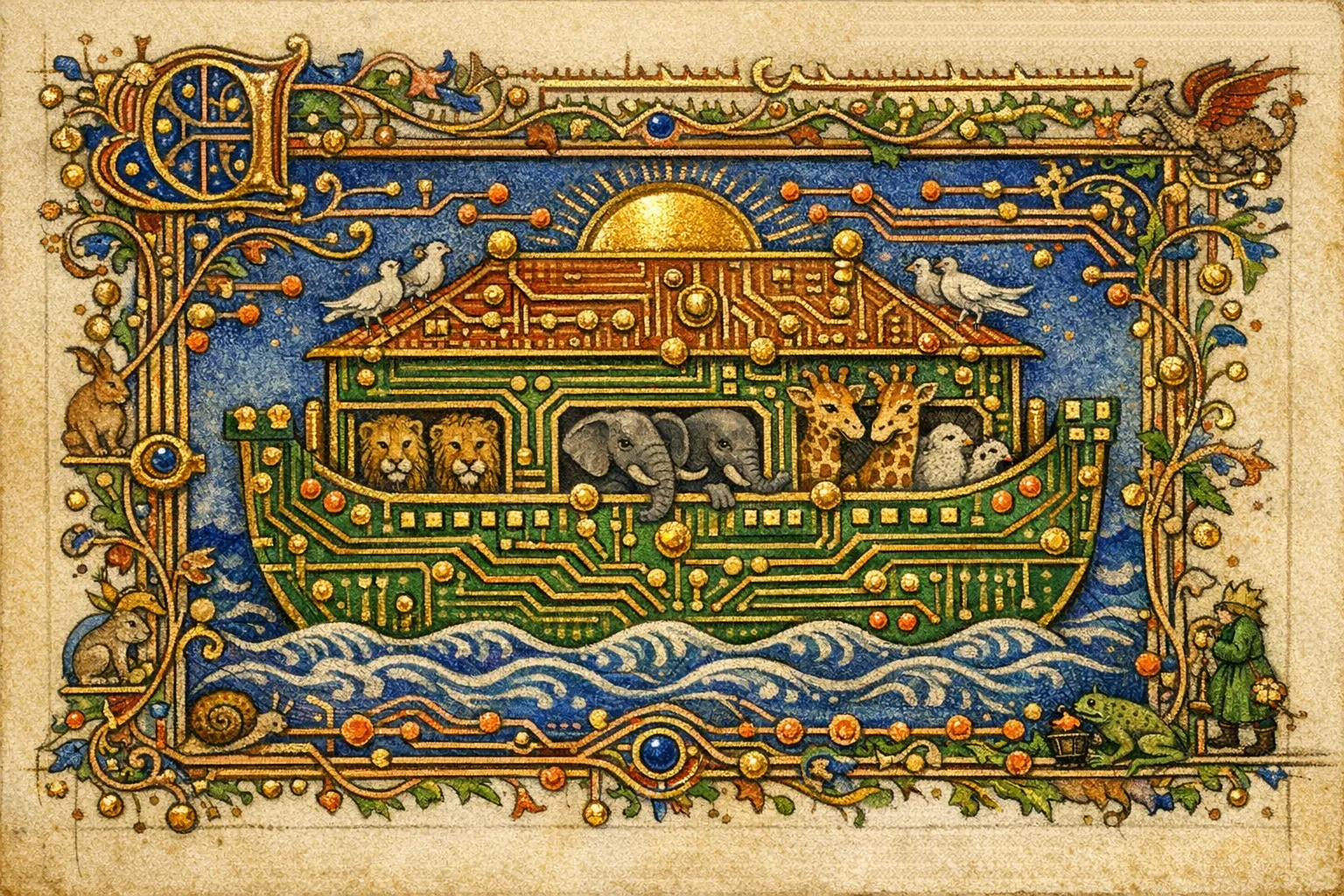 Ark Motherboard — Medieval illuminated manuscript × printed circuit boards