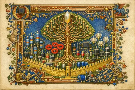 Garden of Traces — Medieval illuminated manuscript × printed circuit boards