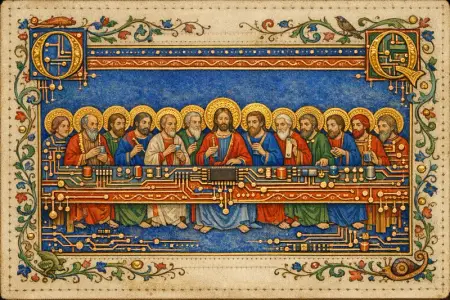 The Long Bench — Medieval illuminated manuscript × printed circuit boards