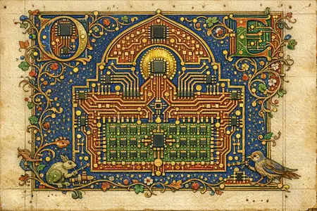 Plan of the Abbey — Medieval illuminated manuscript × printed circuit boards