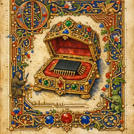 Reliquary Chip — Medieval illuminated manuscript × printed circuit boards