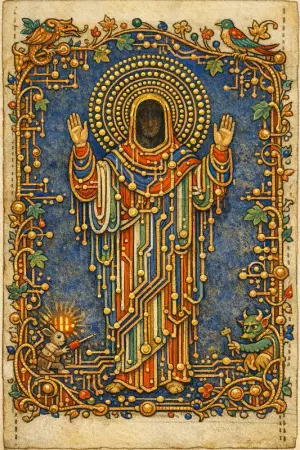 Saint of the Via — Medieval illuminated manuscript × printed circuit boards