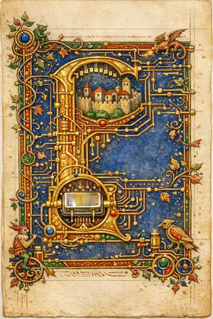 The Hours of the Crystal — Medieval illuminated manuscript × printed circuit boards