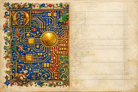 The Last Page, Unrouted — Medieval illuminated manuscript × printed circuit boards