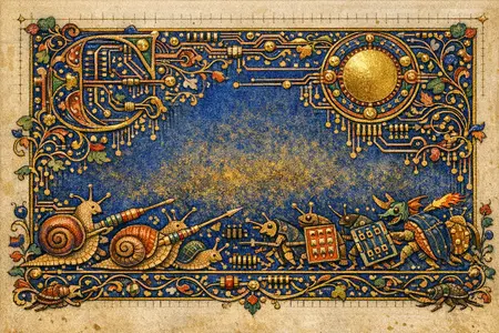 The Marginal Battle — Medieval illuminated manuscript × printed circuit boards