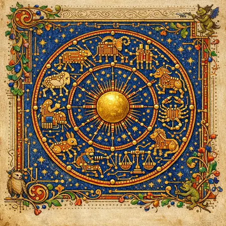 The Zodiac of Pins — Medieval illuminated manuscript × printed circuit boards