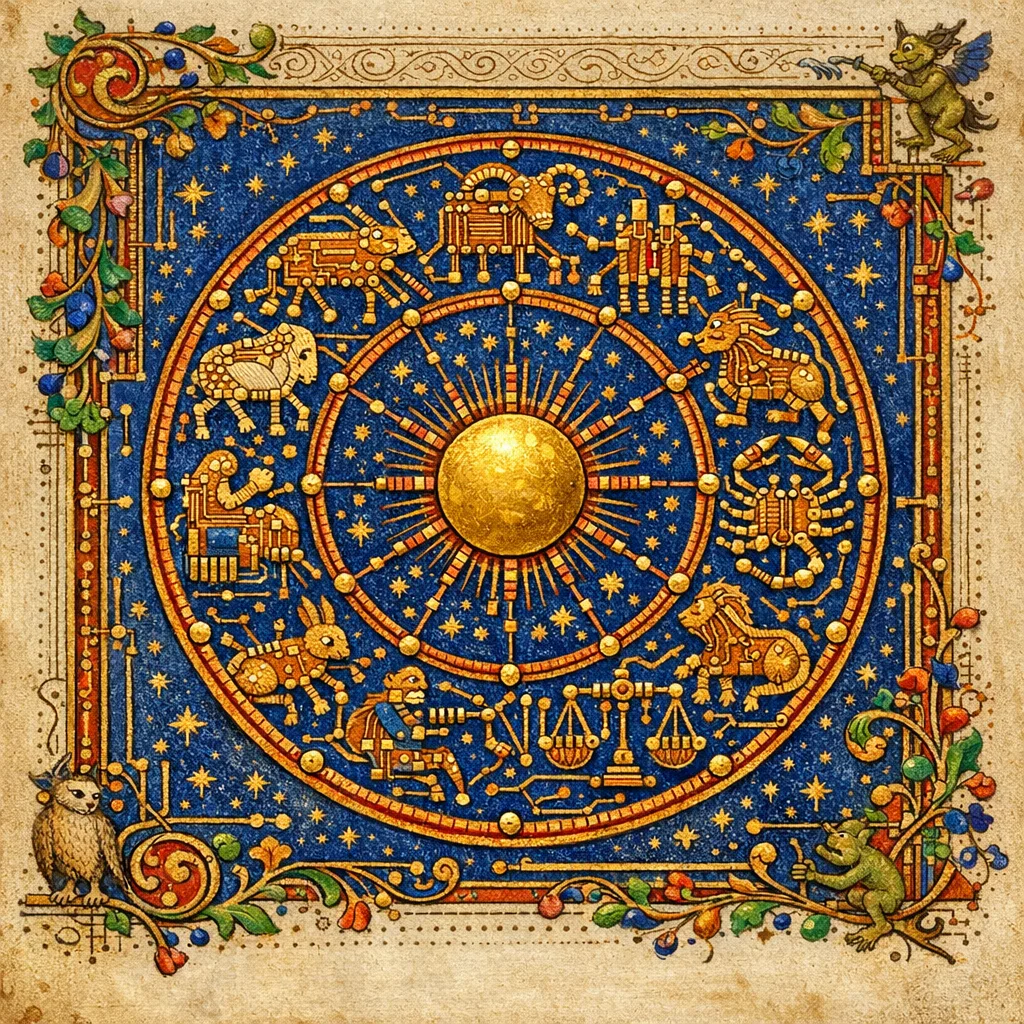 The Zodiac of Pins — Medieval illuminated manuscript × printed circuit boards