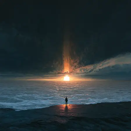 Annunciation, Offshore — German Romantic sublime × disaster-film matte painting