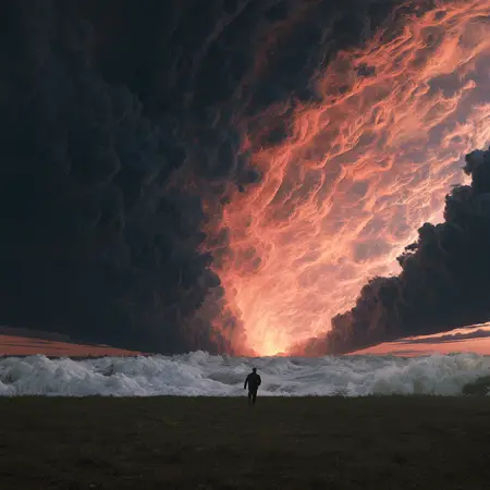 The Front — German Romantic sublime × disaster-film matte painting