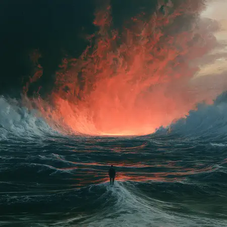 The Long Walk Out — German Romantic sublime × disaster-film matte painting